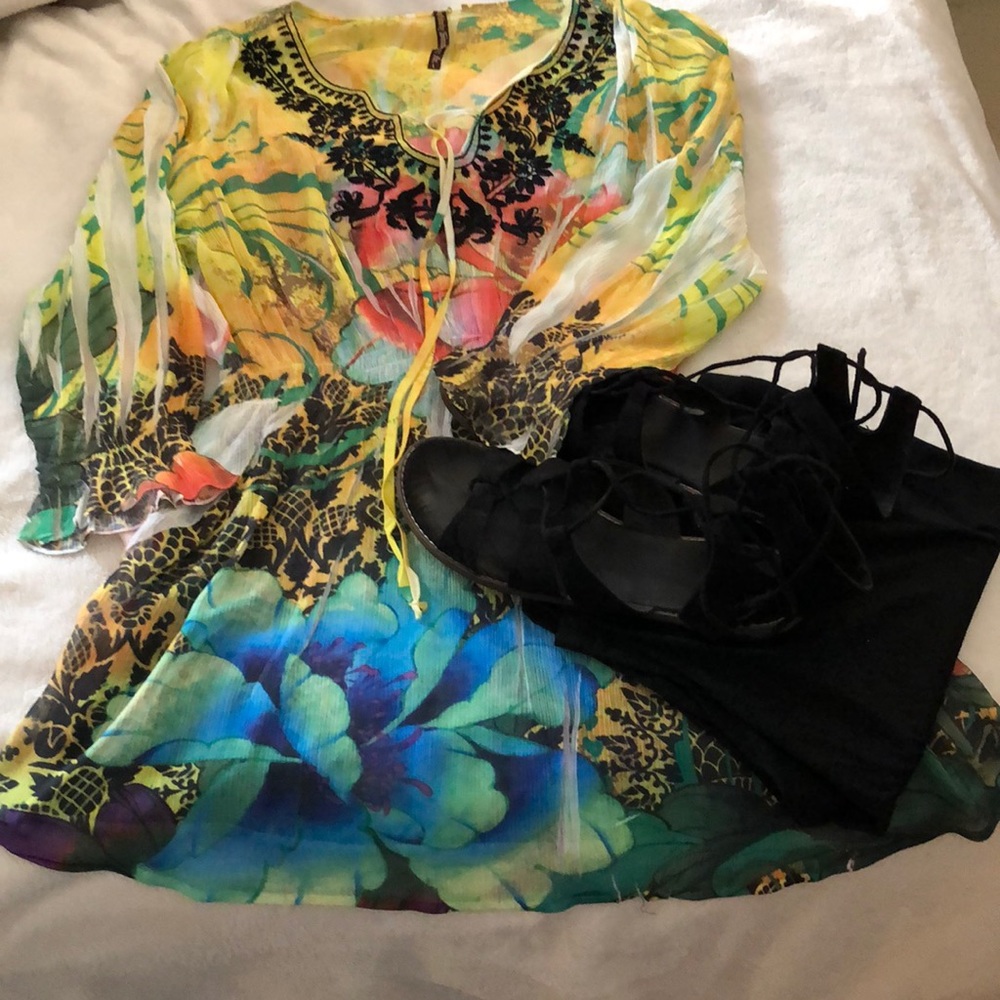 Tropical theme sheer tunic top